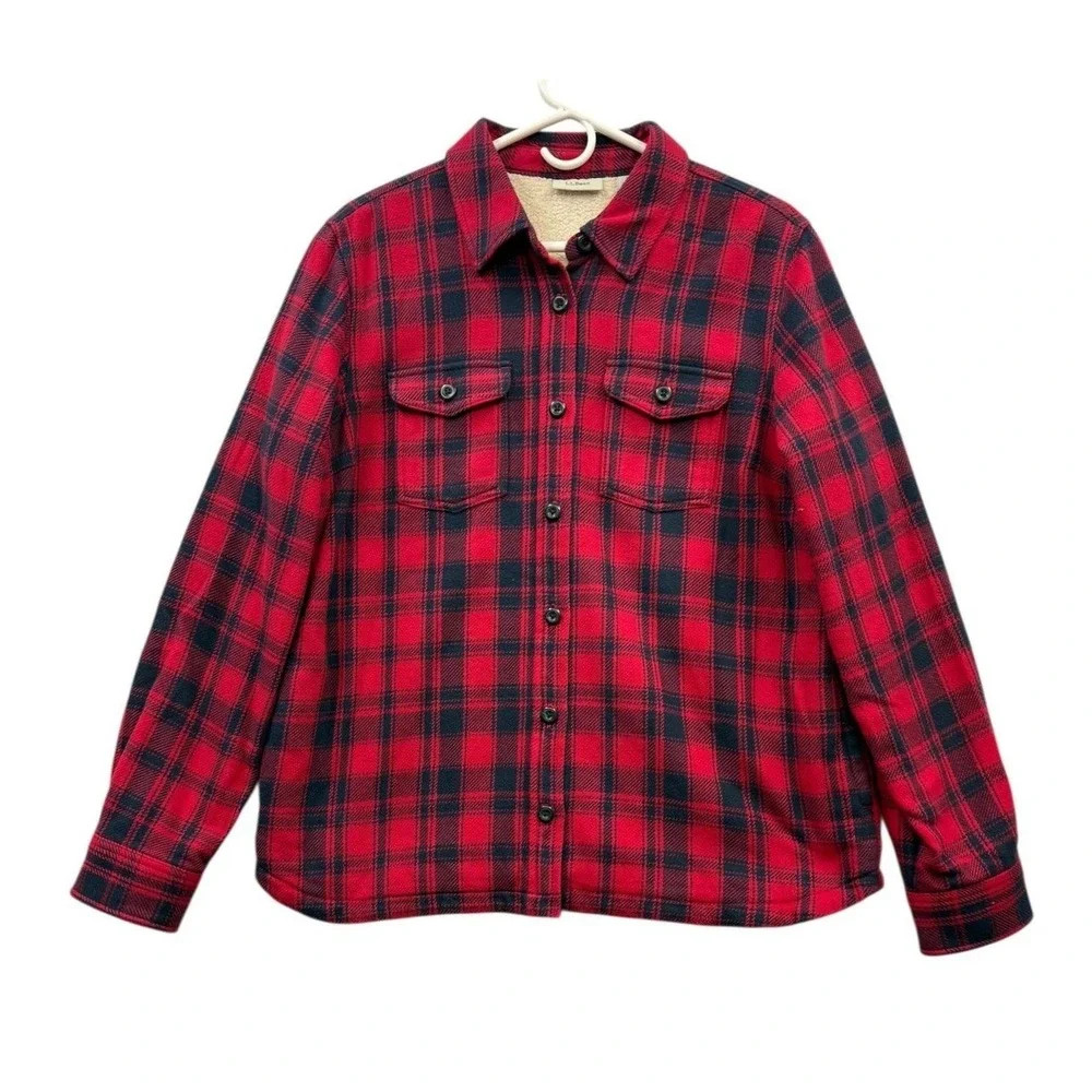 LLBean Sherpa Lined Flannel Shirt Buffalo Plaid Outdoor‎ Rustic Warm Winter M